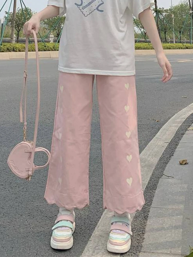 Autumn Loose Casual Cute College All-match High Street Kawaii Fashion Lovely Panta Pink Pants Women Harajuku Heart-print | Женская
