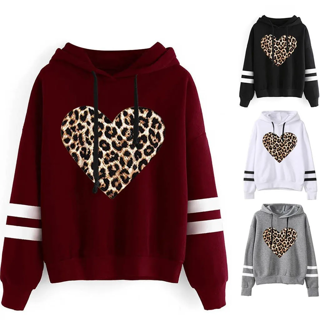 

Women's Hoodies Leopard Heart Print Lightweight Long Sleeve Casual Autumn Pullover Hooded Tops Elegant Stripe Sweatshirts