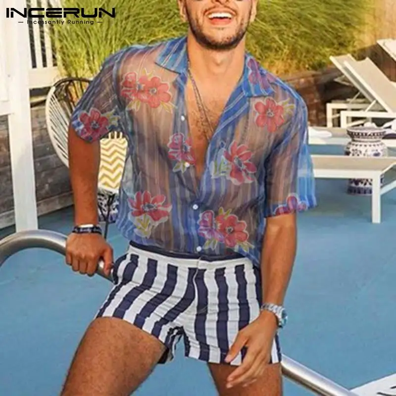 

Мужская сетчатая рубашка в полоску, повседневная гавайская рубашка с отложным воротником и короткими рукавами, дышащая уличная одежда, 2021