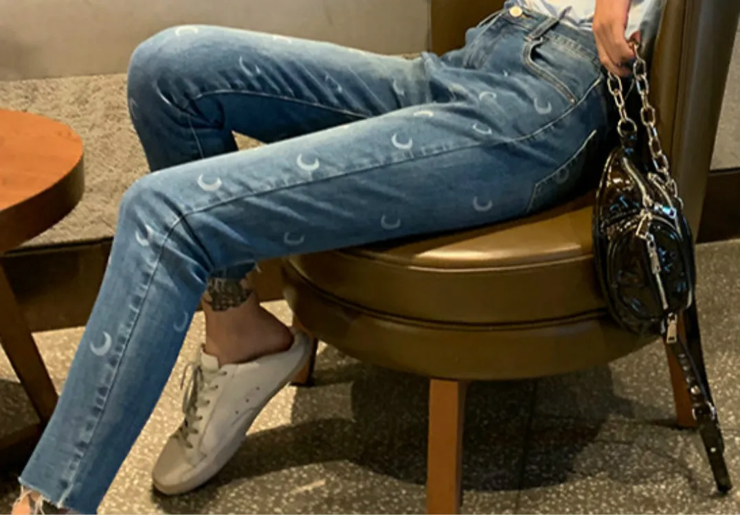 Fashion Classic Trendy Brand Luxry Design Moon Print Embroidery Ankle-length Pants Jeans Women Straight Pants M2