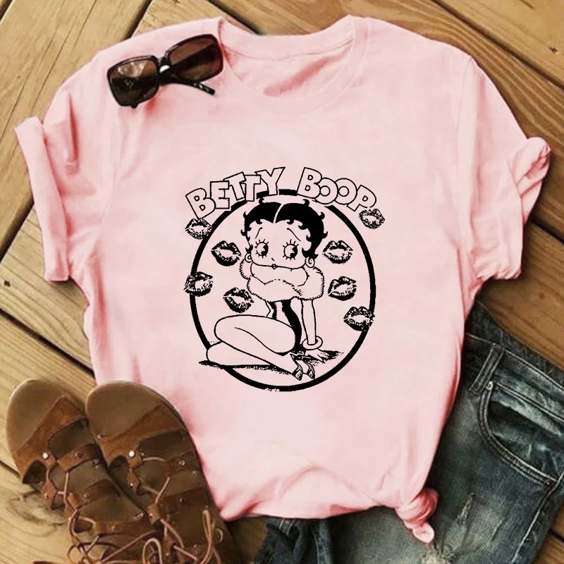

Cartoon Betty Boop Printed Retro T-shirt Casual Female Funny Graphic Tee Women's T-shirt Female 2021 Summer Pink Short Sleeve