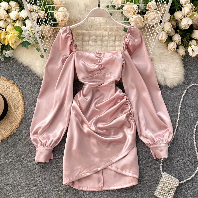 

Платье женское атласное с квадратным вырезом, Черное мини-платье с длинным рукавом, QS580, весна-осень 2021