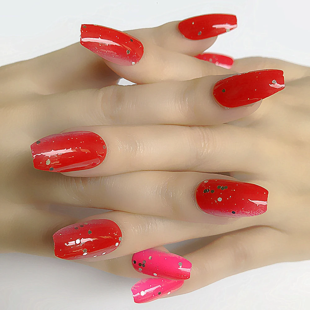 2019 Новый гроб блестки постепенные цвета поддельные ногти плоская голова красные
