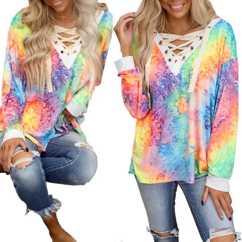 

2021 Spring New Tie-dyed Printed Long Sleeve V-neck Strap Casual T-shirt Tops