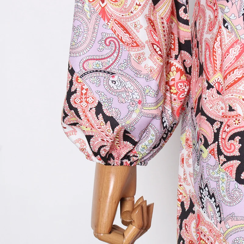 

Women Floral Print Dress Stand Collar Lantern Sleeve High Waist Sashes Tunic Dress