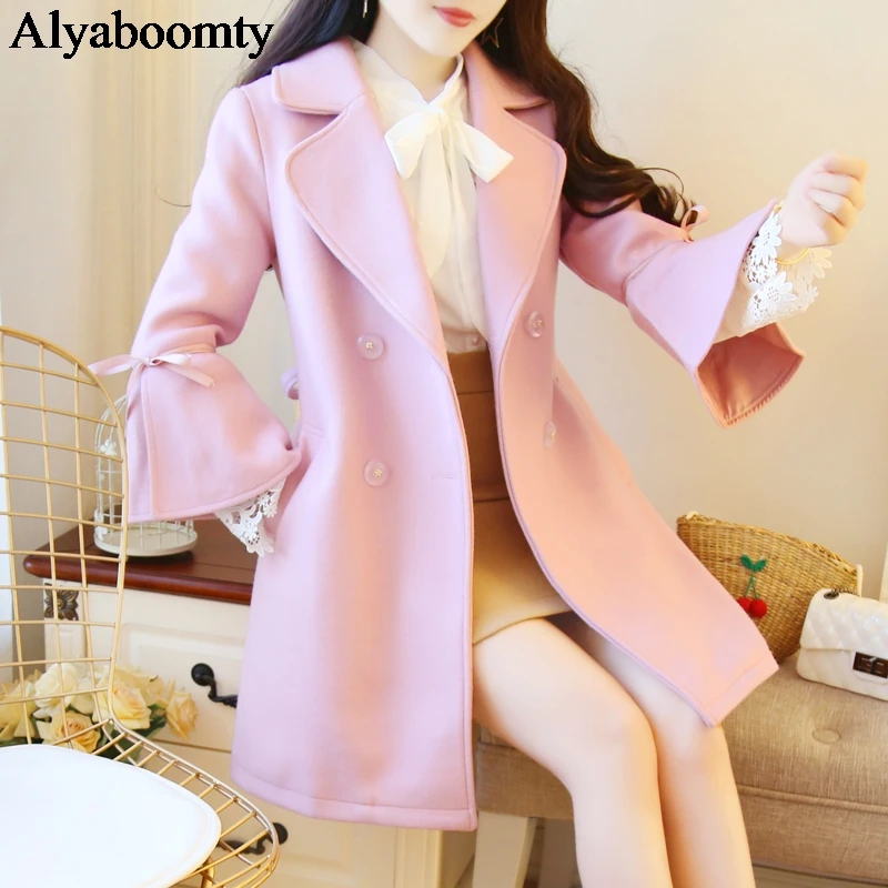 Корейский стиль осень зима женское элегантное пальто белый розовый кирпичный