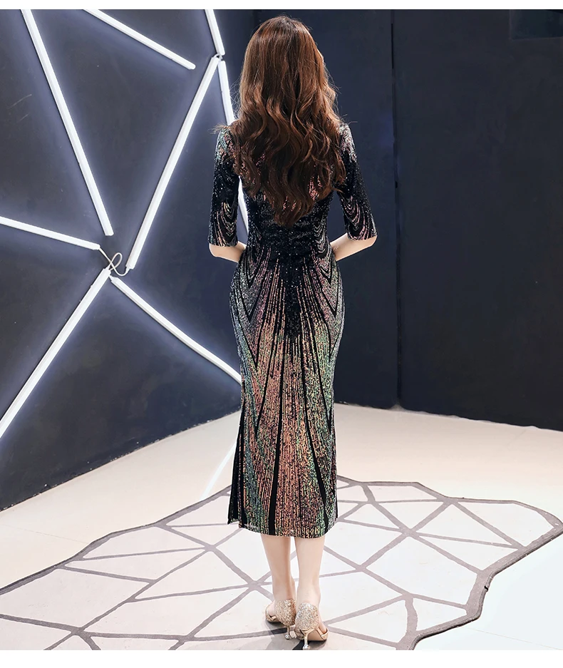 Robe De Soiree Новое Сексуальное вечернее платье с блестками, о-образный вырез, половина рукава, макси платье, вечерние платья для выпускного вечера AE474