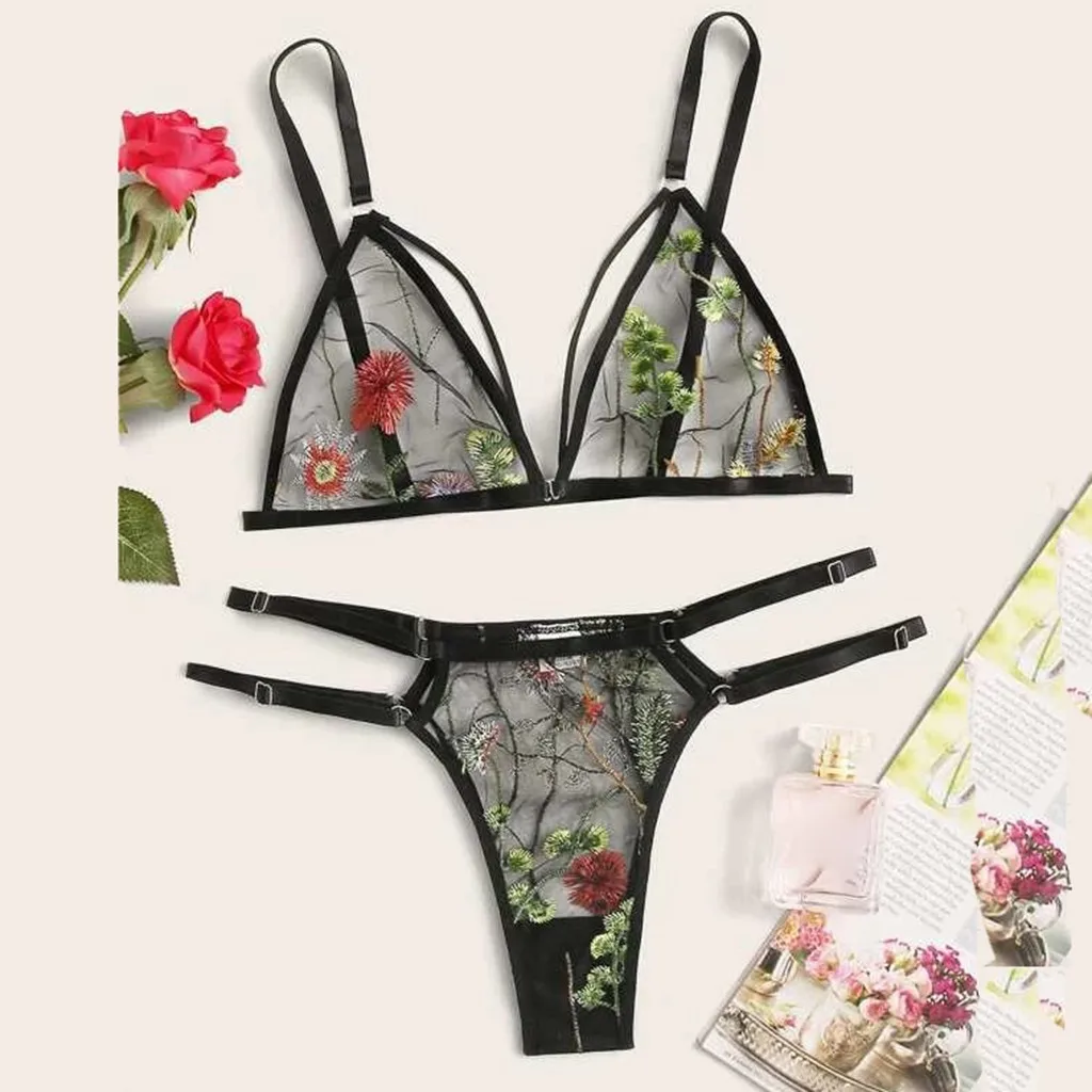 

Women Underwear Flower Embroidery Lace Bra Thong Transparent Underwear Set Lingerie G-String Plus Size 3XL femme erotique d4