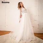 Пляжные свадебные платья Booma, с длинными рукавами, с глубоким V-образным вырезом, с жемчужинами, трапециевидного силуэта, кружевное свадебное платье, в богемном стиле, богемные свадебные платья