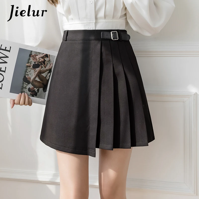 Jielur Юбка плиссированная абрикосовая с высокой талией Элегантная черная короткая