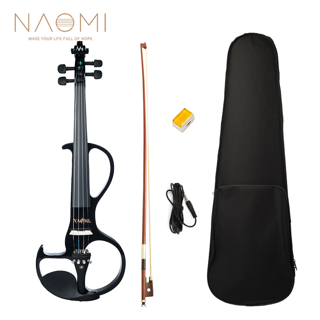 Enlarge NAOMI 4/4 Size Electric Silent Violin Black Set Ebony Tailpiece w/ Nice Paris-Eye Inlay Fingerboard Chin Rest Solidwood Body