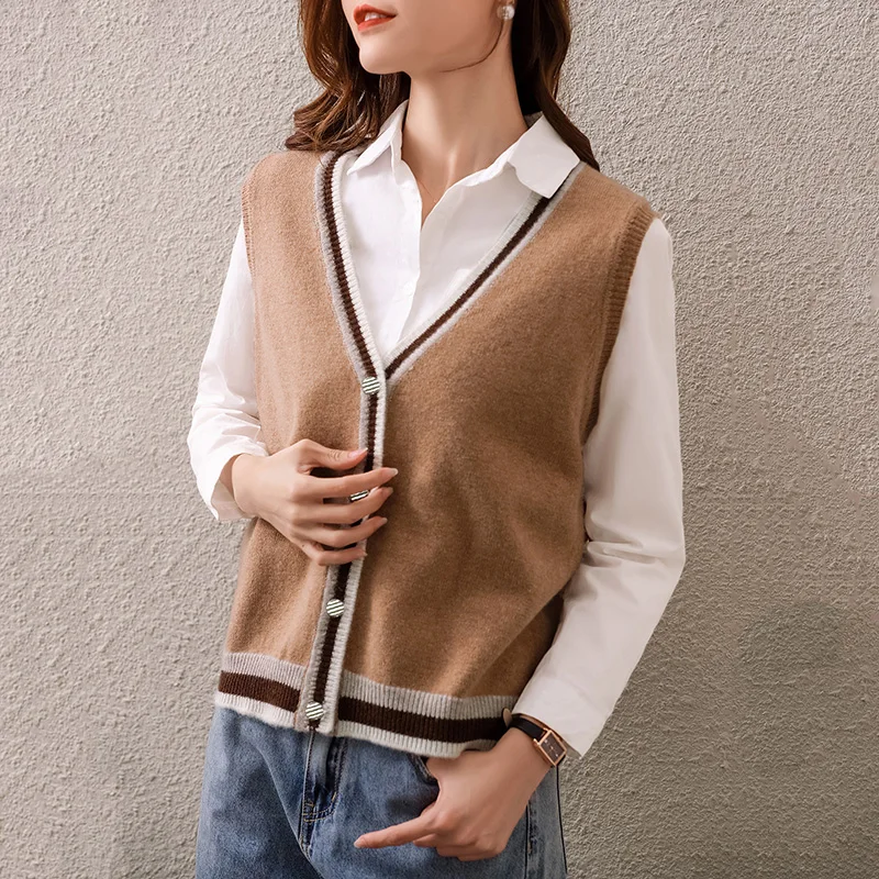 

Women Wool Vest Autumn Sleeveless Sweater V-neck Soft Warm Jacket 4 Buttons Striped Outwear