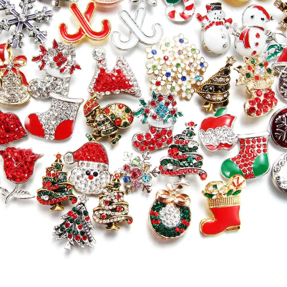 

50pcs/lot Christmas 18mm Snap Jewelry Wholsale Mixed Metal Rhinestone Snap Buttons Fit Snap Bracelet Bangles Necklaces