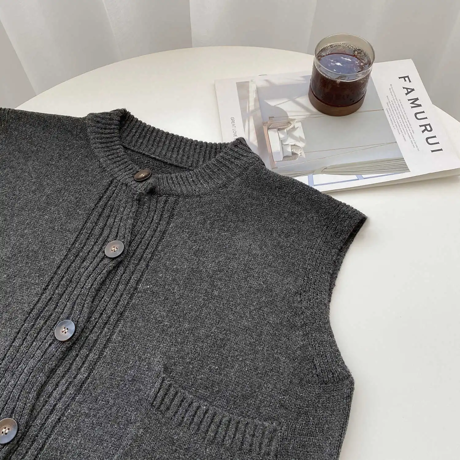 

COZOK Pure Color Knitted Vest Women's Autumn New Korean Loose Sleeveless Sweater Vest Cardigan 6671