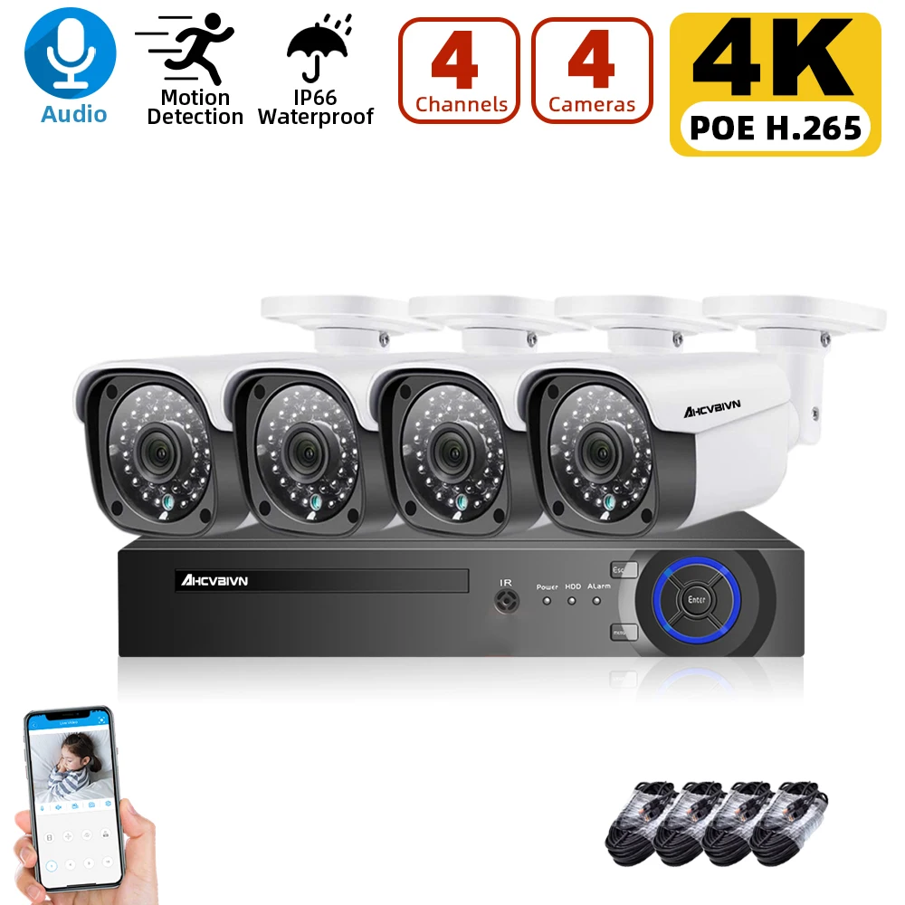 

H.265 4CH 4K POE NVR Kit Security Human Detection CCTV System Audio Record AI 8MP IP Camera Outdoor P2P Video Surveillance Set
