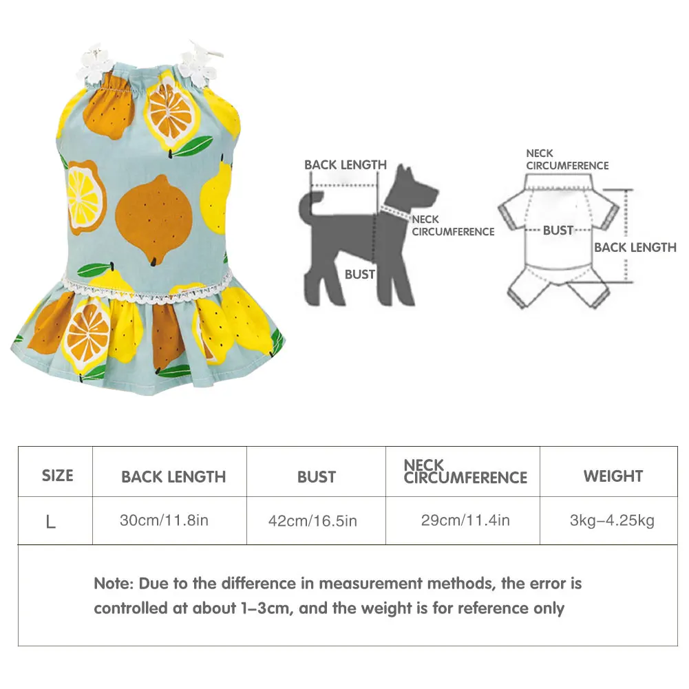 

Soft Cotton Pets Dog Dress Puppy Party Costume Pajamas Spring Autumn Small Sling Skirt Lemon Pattern Summer Clothes Apparel S-L