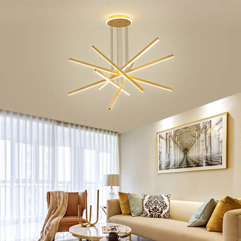 

Golden Stair Chandelier simple modern duplex building high-rise empty living room hall creative personality long LED line lamps