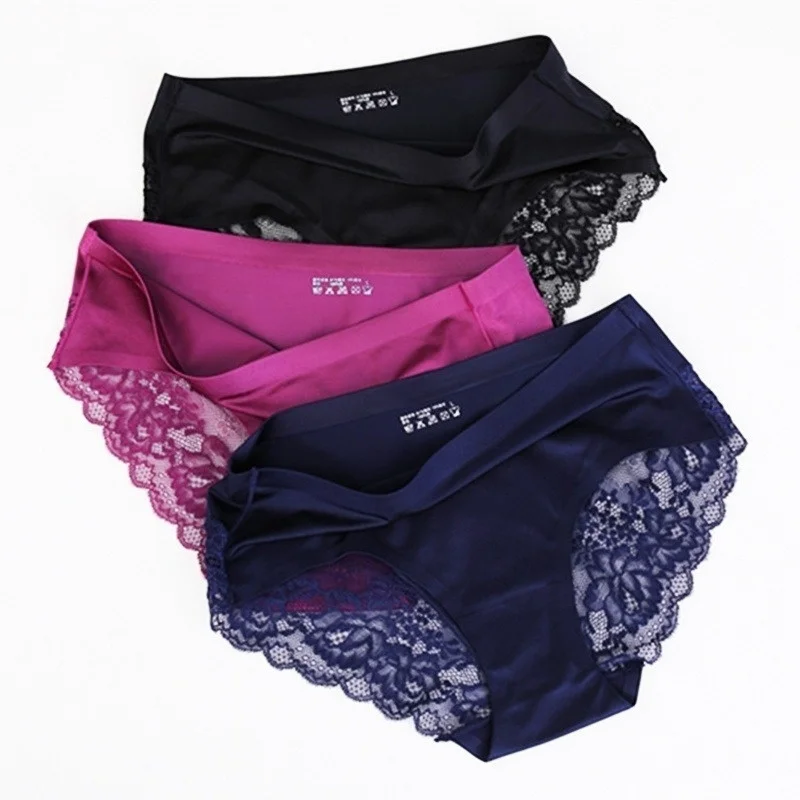 

New Ladies Silk Breathable Underwear Girls Mid-waist Underwear Seamless Soft Underwear Sexy Lace Trim Underwear Cotton Underwear