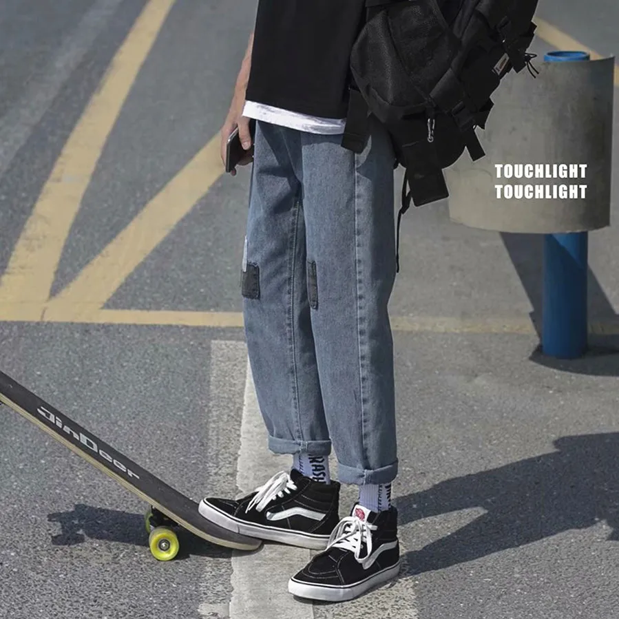

New loose fitting skateboard straight patchwork jeans men's Korean version versatile original suzerain fashion brand wid 2021