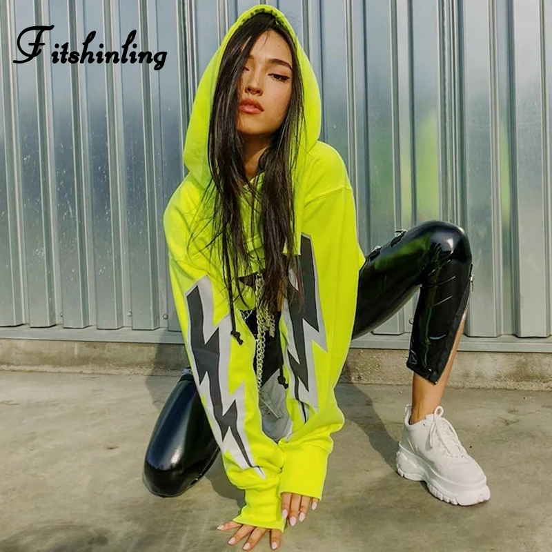 Женская толстовка с капюшоном Fitshinling Harajuku неоново зеленая Повседневная