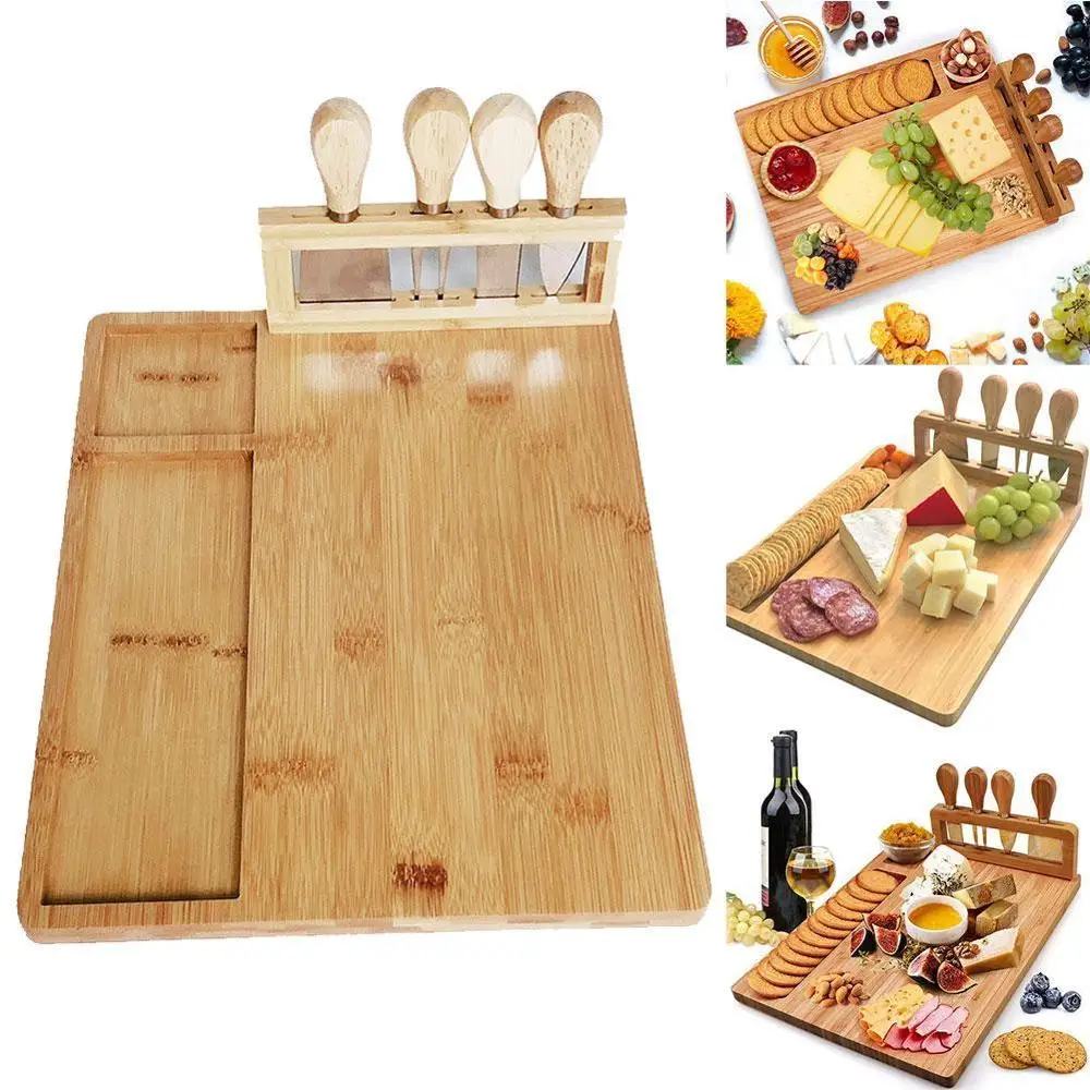 

Bamboo Cheese Board Cutlery Knif Set Cutting Board Scoop 4 Cooking Knives Steel Tools Fork Slicer with Cheese Cut R5J9