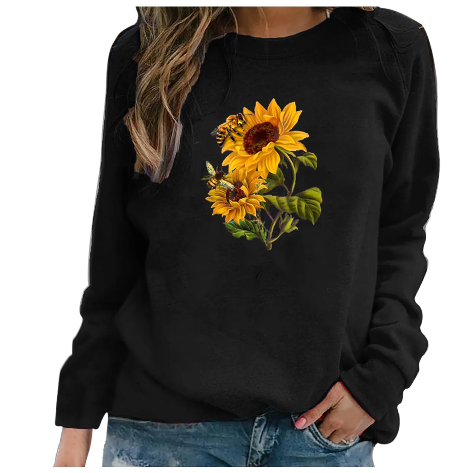 59# Autumn Winter Women Sweatershirt Flower Print Casual Printing Long Sleeve Sweatshirt Oversized Pullover Tops Blouse Femme