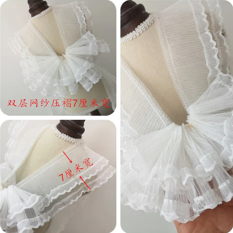 

20Yds White Two Layer Pleated Chiffon Beautiful Lace Ribbon Fabric DIY Handmade Wedding Dress Skirt Clothes Hat Making Doll Trim