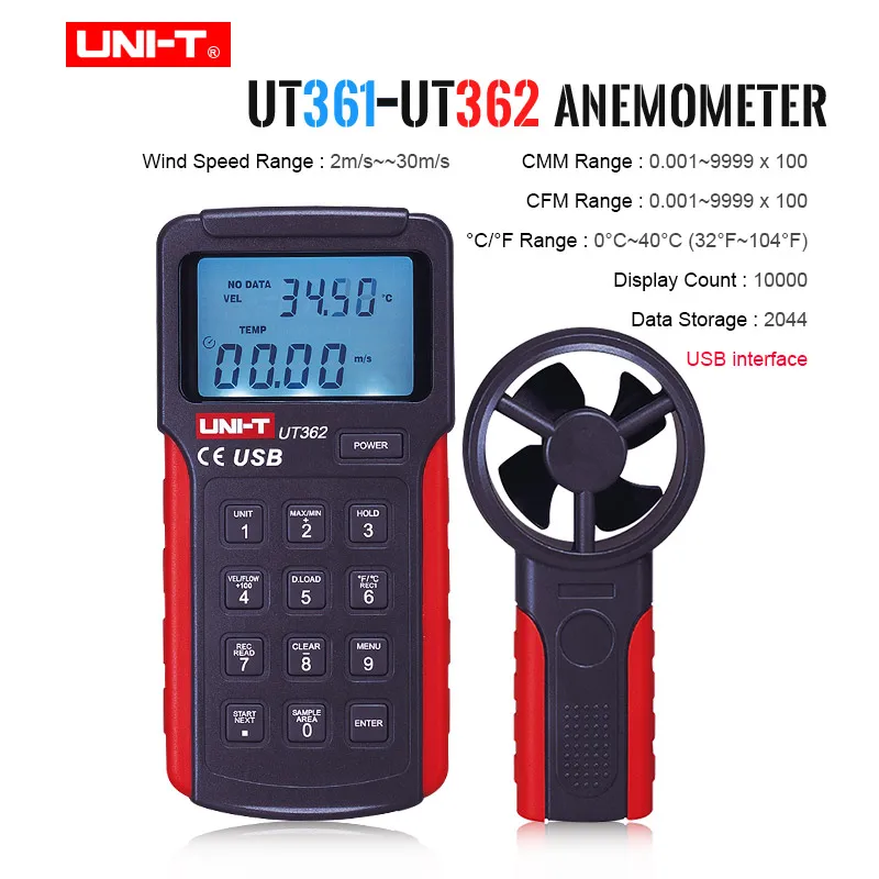 

UNI-T UT361 UT362 Profession Digital Wind Speed Meter Tachometer Anemoscope 2-30m/s Split Type Anemometer with Data storage