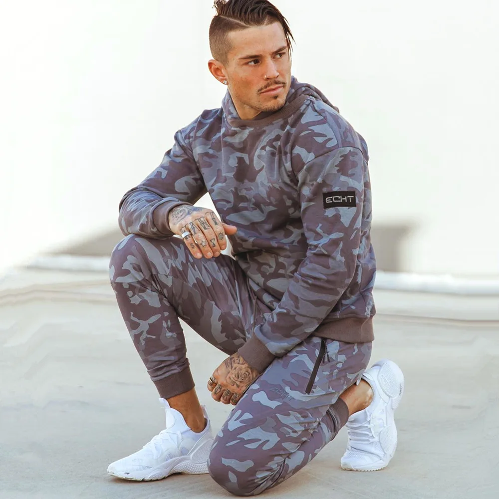 

Камуфляжный спортивный костюм, спортивный костюм, толстовка с капюшоном и штаны, мужской повседневный Модный хлопковый свитшот, Мужские ос...