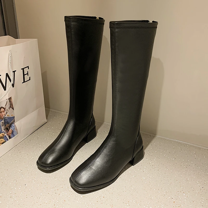 

2021New Winter Style with Fleece Medium Chunky Heel Knight Boots Women's High Tube Thinner-looked High Heel Shorty Long Boots