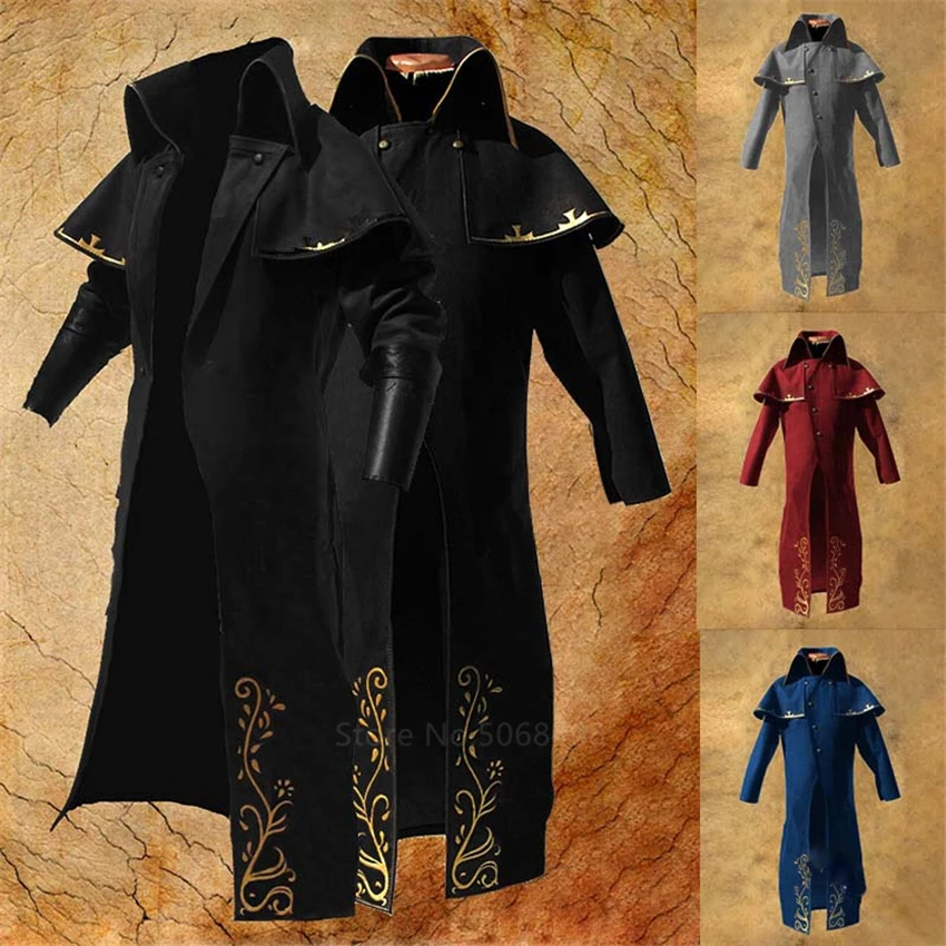 Для мужчин средневековый Винтаж стимпанк плащ полупальто с отложным воротником