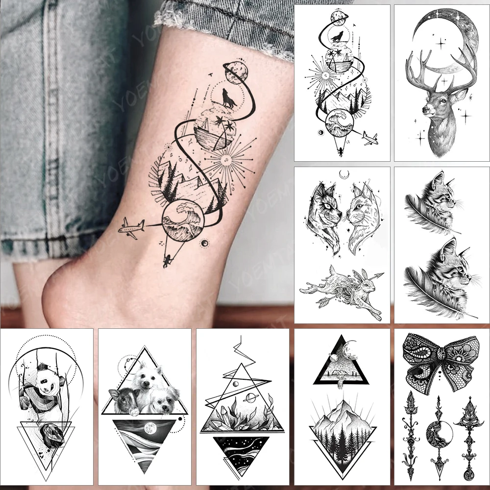 

Waterproof Temporary Tattoo Sticker Wolf Planet Flash Tatoo Sky Mountain Forest Arm Wrist Fake Tatto For Body Art Women Men