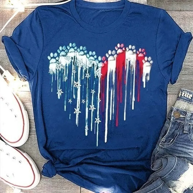 

US Flag Stirped Heart Print T Shirt Women Short Sleeve O Neck Loose Tshirt Summer Women Tee Shirt Tops Camisetas Mujer