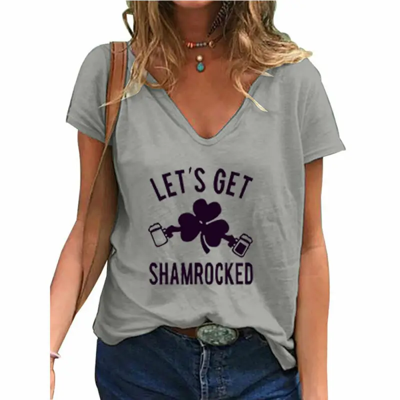 

Plus Size Womens Summer Letter Printed Short Sleeve V Neck T-Shirt Tops Blouse