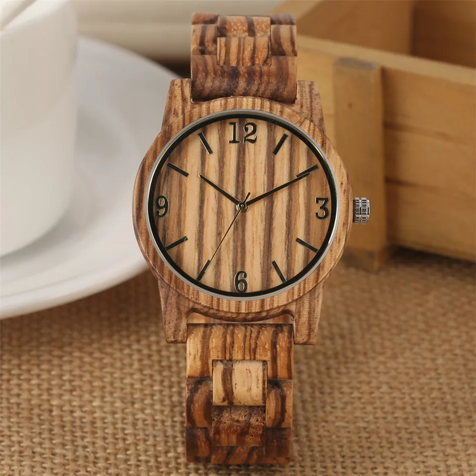 

Natural Vintage Zebrawood Men Watch Quartz Movement Golden Analog Dial Full Wooden Bangle Wristwatch Male Casual Wood Watches