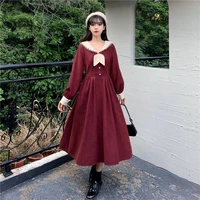 houzhou vintage long sleeve dress women 2021 autumn kawaii peter pan collar lace patchwork dresses red elegant mori girl robe