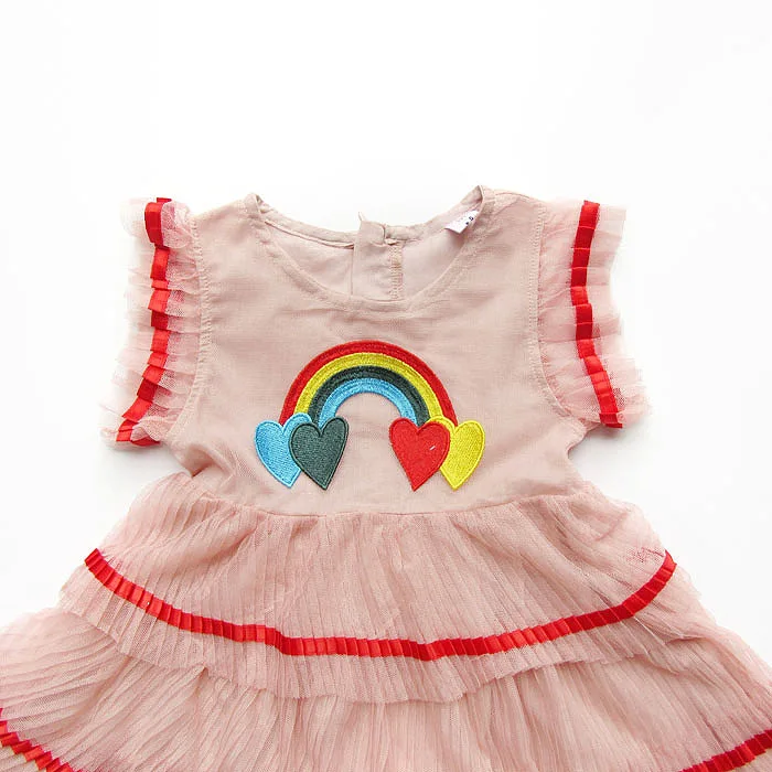 Летнее Сетчатое платье для девочек с вышивкой радуги без рукавов плиссированное