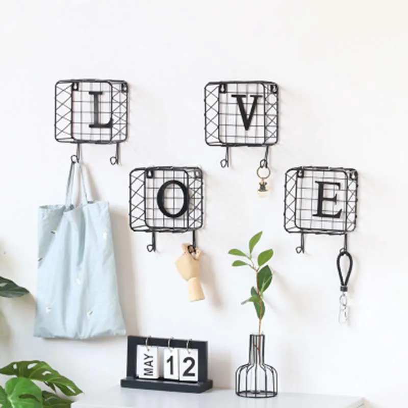 Multifunctional LOVE HOME Letter Iron Grid Hanging Mesh Storage Rack With Hook Wall Home Decor Decorative Shelf Towel Key | Дом и сад