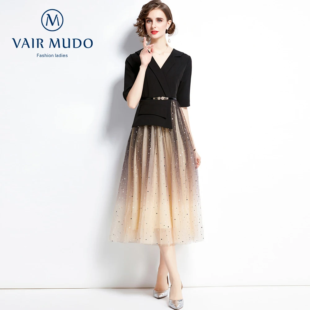 

Early Autumn New Dress Design Sense Niche Temperament Fake Two-Piece Mesh Skirt Dress To Send Belt Eleagnt Fashion Dress Y-236