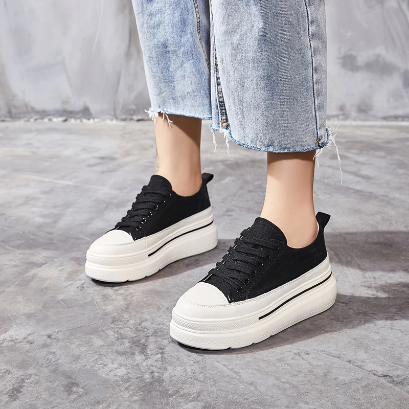 

Spring Autumn New Chunky Sneakers Women Vulcanize Casual Shoes Genuine Leather Wedge Heels 5CM Platform Black Sneakers for Girls