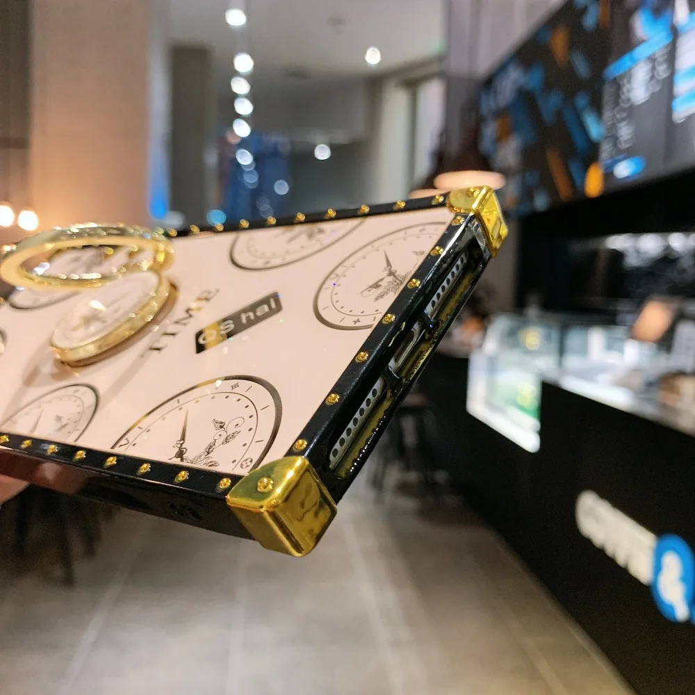 Роскошный квадратный чехол с часами для iPhone 11 12 13 Pro Max X XR XS 7 8 блестящая Подставка