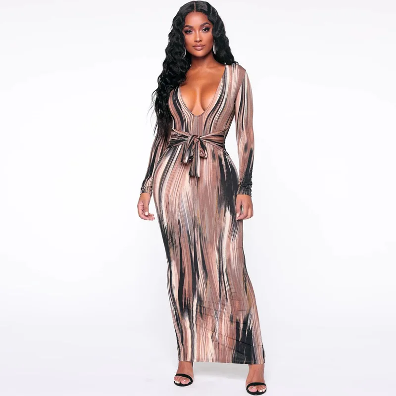 

2020 Low Cut Long Sleeve Sexy Women Dress Dropped Shoulder Night Club Party Dresses Printed Lace Up Long Vestidos with Sashes