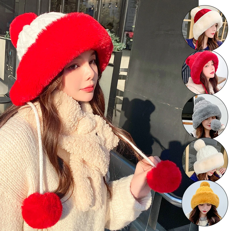 

Cute Women's Cotton Cashmere Wool Ball Thickening Cold Proof Warm Pullover Cap Sanmao Ball Cute Velvet Knitted Women Hats