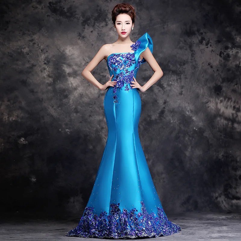 

Sexy Women One Shoulder Cheongsam Elegant Slim Mermaid Qipao Blue Trailing Vestidos Female Annual Meeting Dress Size S-XXL