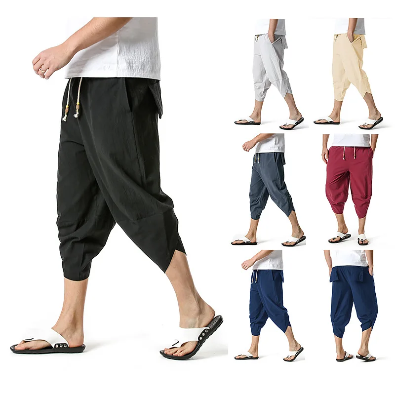 

Male Summer Leisure Men's Wide Crotch Harem Pants Loose Large Cropped Trousers Wide-legged Bloomers Chinese Style Flaxen Baggy