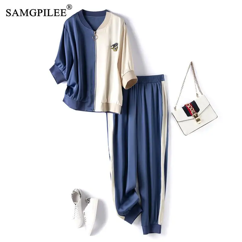 

Summer Two Piece Set For Women 2021 New Half Sleeve Casual Zipper Stand Collar Elastic Waist Ankle Length Patchwork Woman Sets
