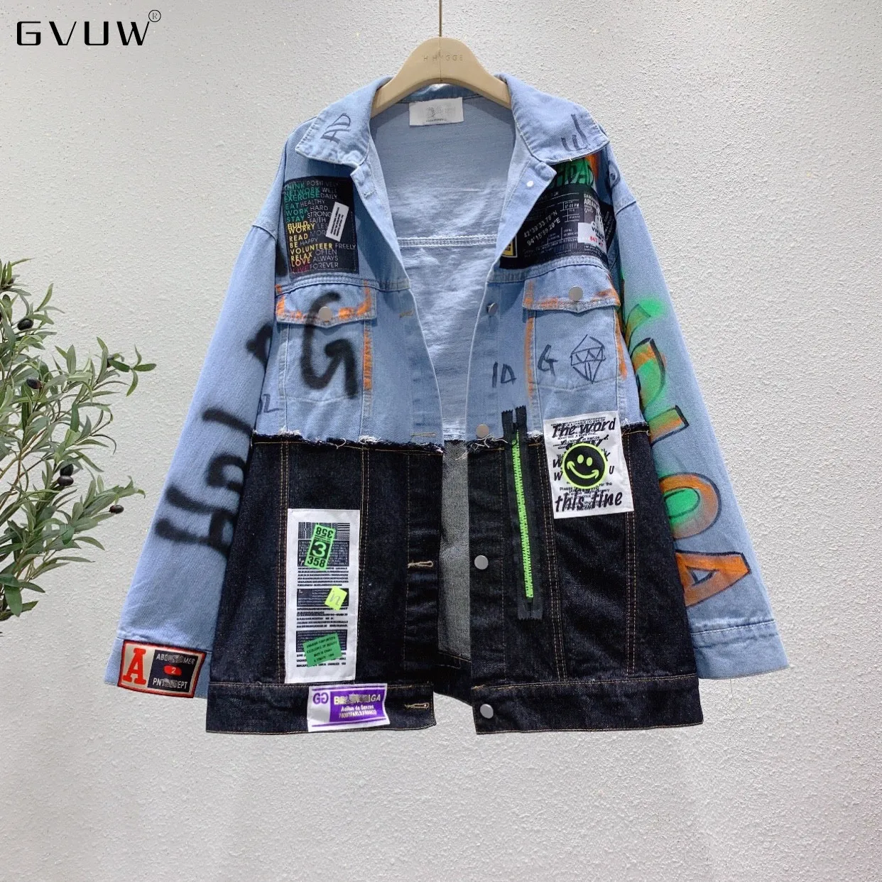

GVUW Brand Net Red Denim Short Coat Female Connector Personalized Graffiti Matching Versatile Long jacket women Women's