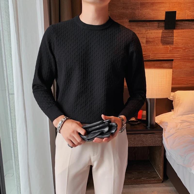 

Мужской свитер с длинным рукавом, облегающий вязаный пуловер в Корейском стиле, деловая Повседневная Уличная одежда, осень-зима 2021