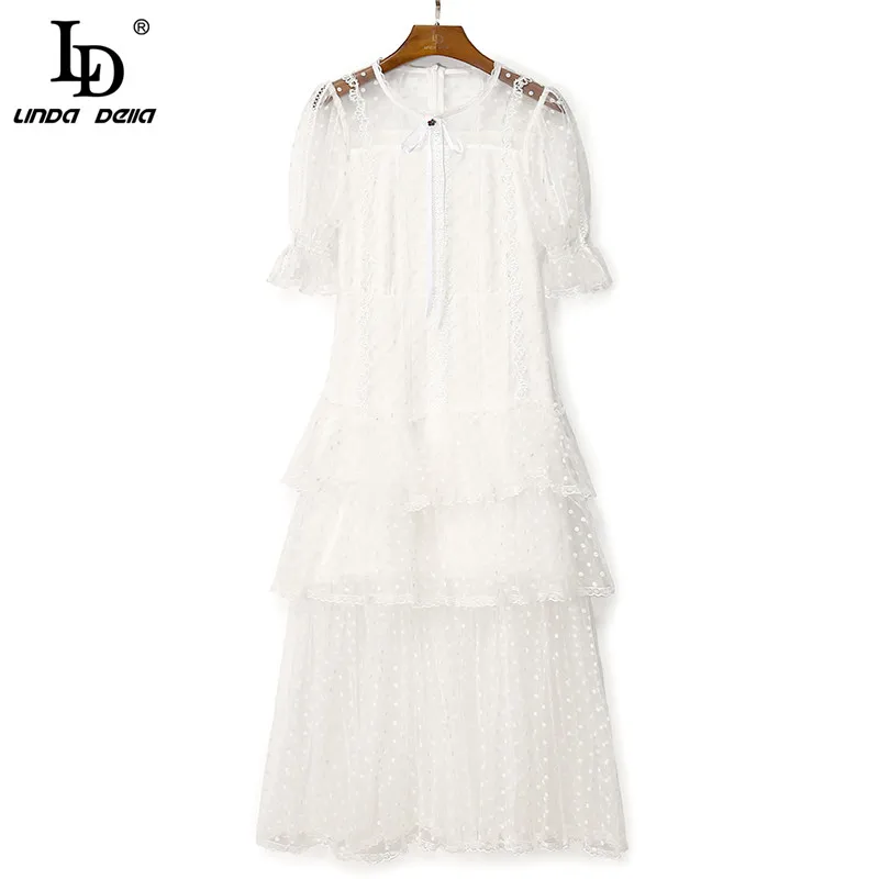 

LD LINDA DELLA 2021 Fashion Designer Summer Party Dress Women Puff sleeve Lace polka dot Print Ruffle Elegant White Mesh Dress