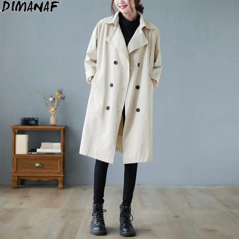 

DIMANAF 2021 Women Autumn Jacket Coat Outwear Lapel Pockets Thin Female Oversize Windbreaker Fall Cardigan Overcoat Korea Coat